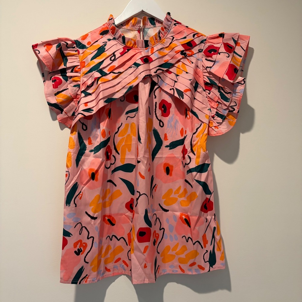Pink Abstract Floral Ruffle Flutter Sleeve Pleated Mock Neck Blouse Top